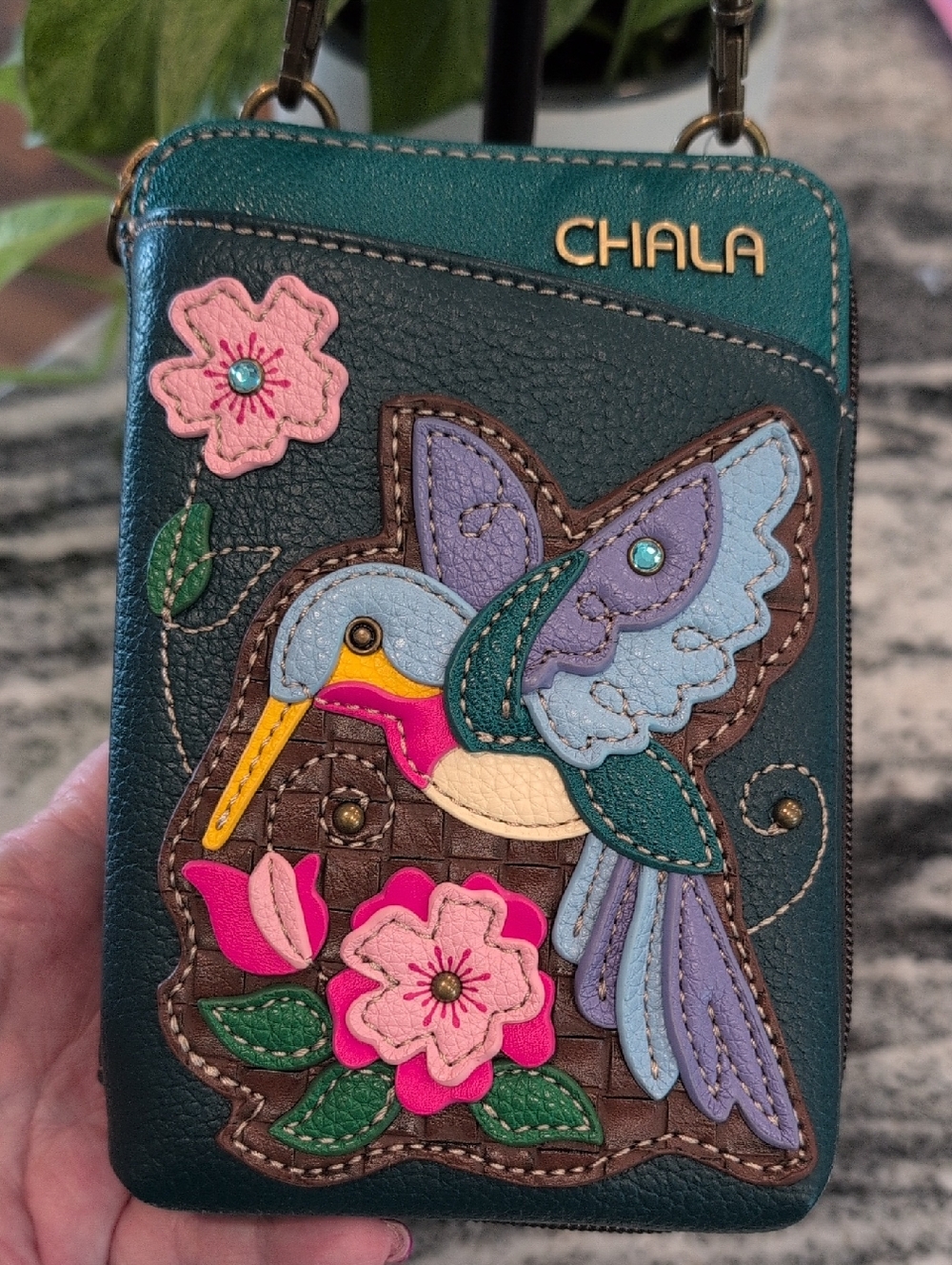 Chala Teal Hummingbird Appliqué Crossbody Pouch